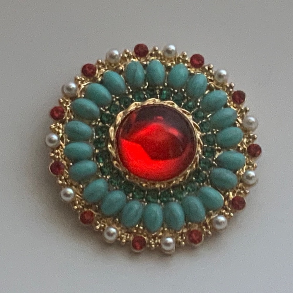 VINTAGE Style Boho Red Rhinestone Turquoise Cabochon Mandala Brooch Gold Tone
